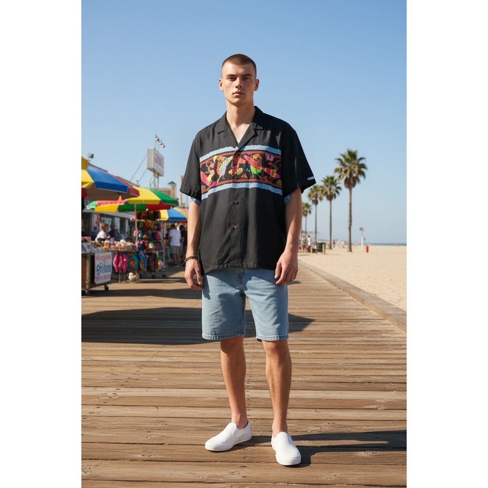 Off Shore Shirt Large Black Neon Tribal Surfer Graphic Retro Surf 90s 80s USA